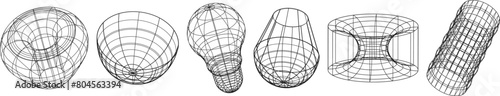 Abstract y2k wireframe geometric forms isolated on transparent background. Set of retro futuristic grid models from 80s, 90s, 00s. Vector illustrations in psychedelic techno style.