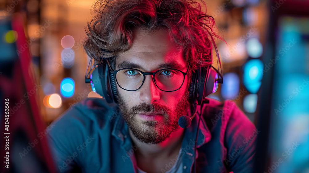 Focused Male Gamer with Glasses and Headset in a Vibrant Gaming Environment Focused Male Gamer with Glasses and Headset in a Vibrant Gaming Environment