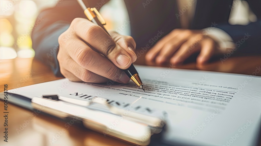 A person is sitting at a desk, writing on a piece of paper with a pen. Generative AI A person is sitting at a desk, writing on a piece of paper with a pen. Generative AI