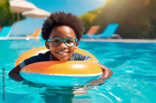 Child enjoying a swim with a float in a pool during the summer.