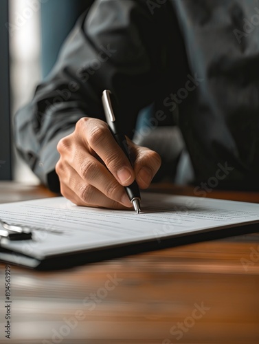 A person sitting at a desk writing on a piece of paper with a pen, possibly signing a contract. Generative AI