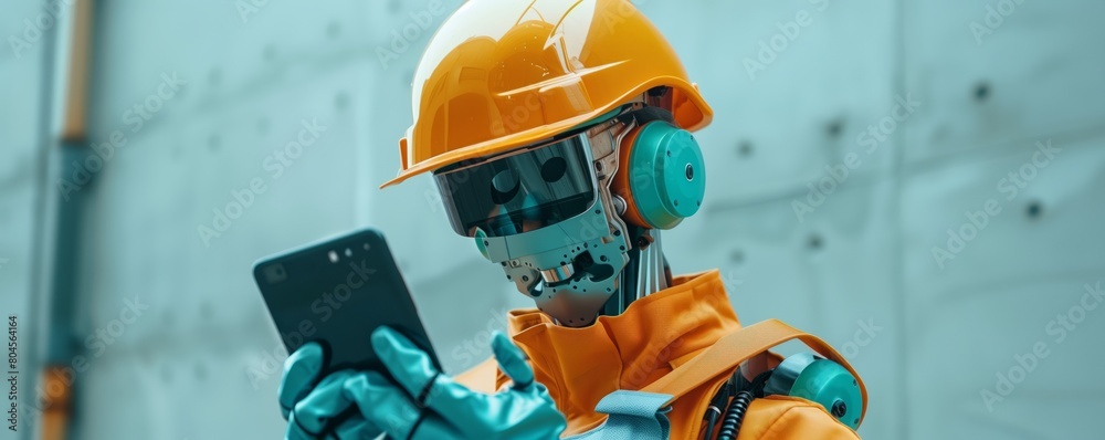 High-tech robot using smartphone with industrial background High-tech robot using smartphone with industrial background