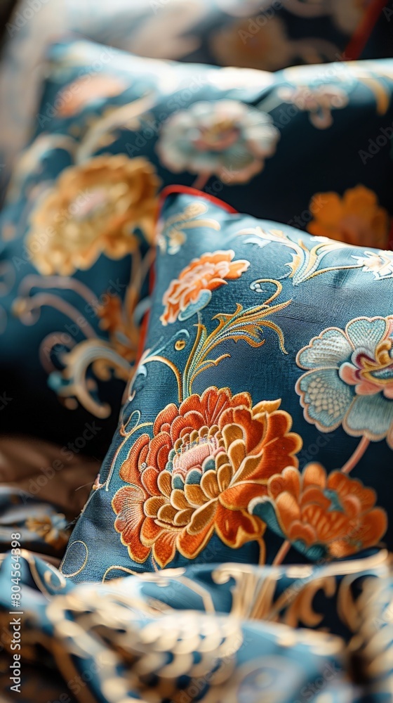 Close Up of Blue and Orange Flowered Pillow