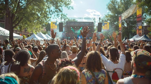 A dense crowd of music enthusiasts enjoying a lively outdoor music festival, with stages, lights, and vibrant atmosphere.