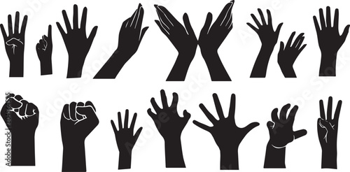Halloween zombie hands. Spooky haunted arms appear of ground silhouette illustration set. Creepy zombie arms elements. Monster zombie resurrection, monochrome haunted hands