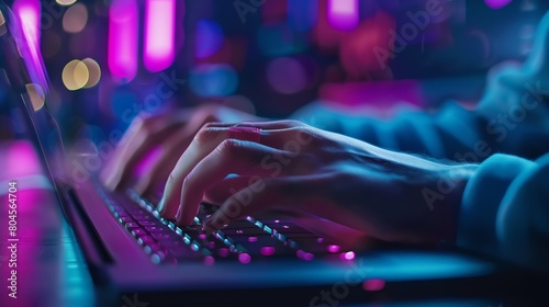 A young woman sits in a dark room typing on her laptop. The only light comes from the screen and the keyboard.