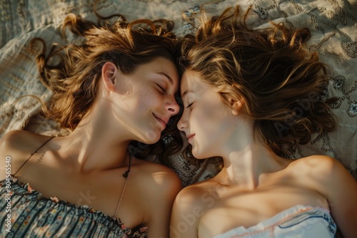Two women laying comfortably on a bed, suitable for lifestyle and relaxation themes