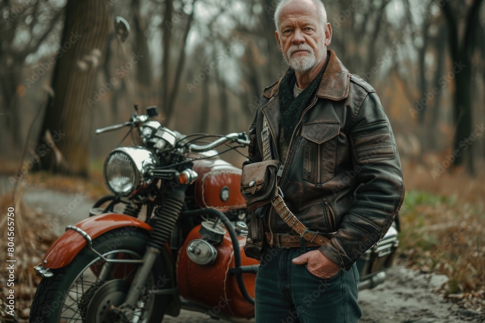 A man standing next to a motorcycle in the woods. Suitable for outdoor adventure themes A man standing next to a motorcycle in the woods. Suitable for outdoor adventure themes