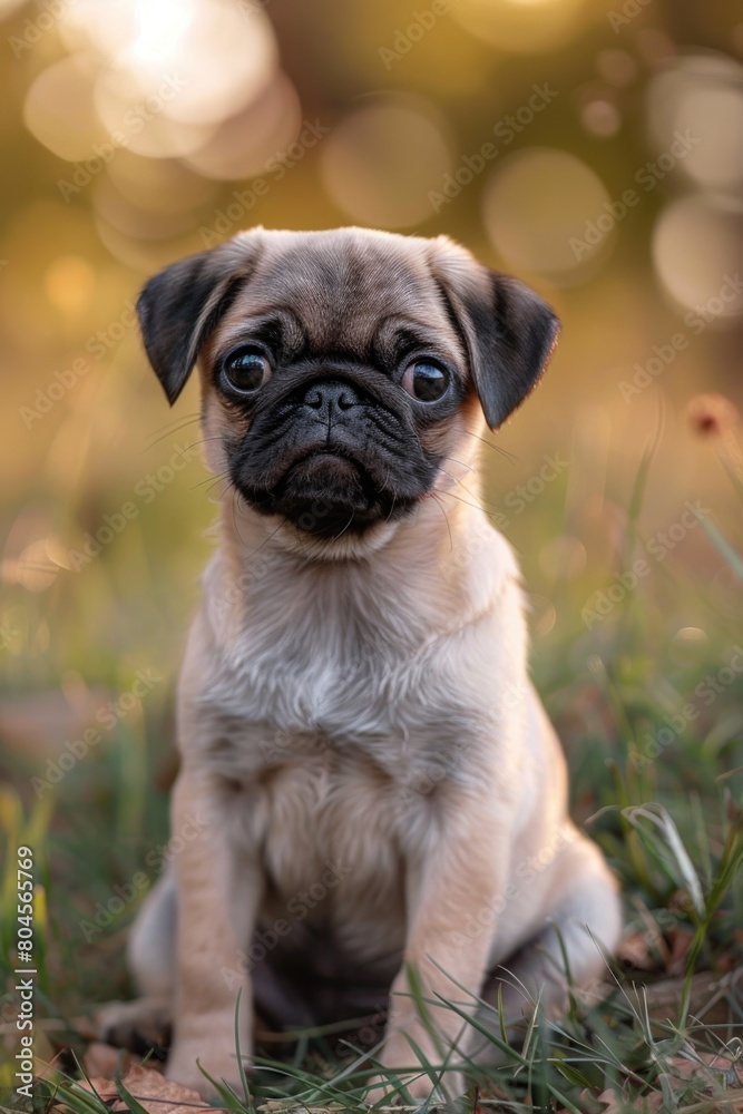 Adorable pug puppy sitting in grass, perfect for pet-related designs Adorable pug puppy sitting in grass, perfect for pet-related designs