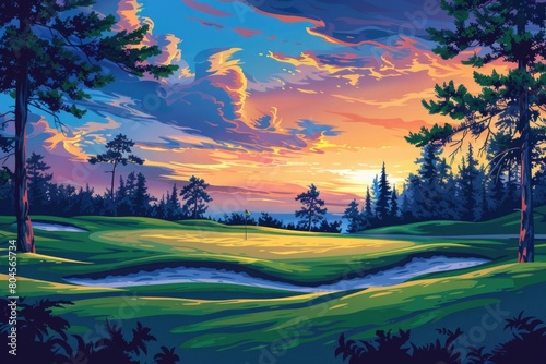 Beautiful painting of a golf course at sunset. Perfect for sports and nature themed designs