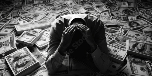 A man sitting on top of a pile of money. Perfect for finance and success concepts
