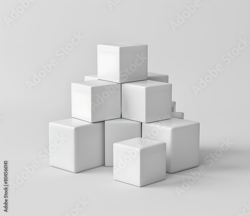 3D rendering of white cube boxes with rounded corners stacked on top of each other on a flat surface on the ground with a white background and studio lighting with no shadows