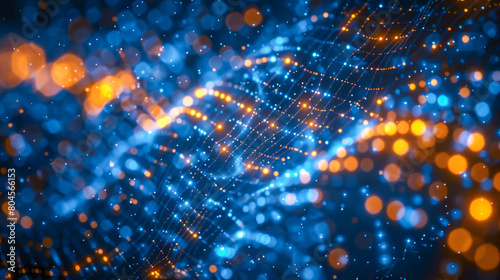 Luminous blue and orange digital particles form a dynamic wave pattern, capturing the vibrant energy of digital technology and innovation in a visually striking background photo