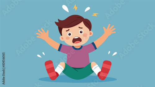 A child with sensory sensitivities having a meltdown while trying to tolerate the feel of socks on their feet.. Vector illustration photo