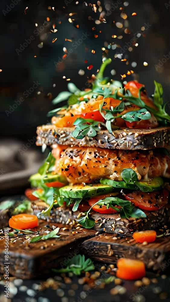 Sandwich with salmon, avocado and arugula with sesame seeds and spices levitating over it