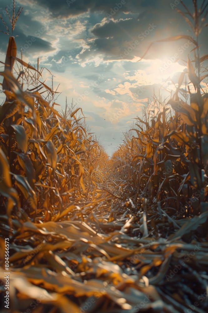 Fototapeta premium A beautiful corn field with the sun shining through the clouds. Perfect for agricultural or rural concepts