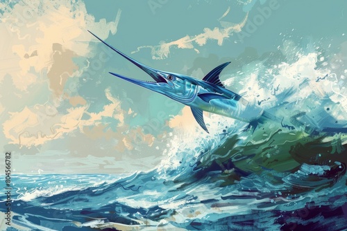 A dynamic painting of a blue marlin fish leaping out of the water. Perfect for marine life enthusiasts and sport fishing promotions