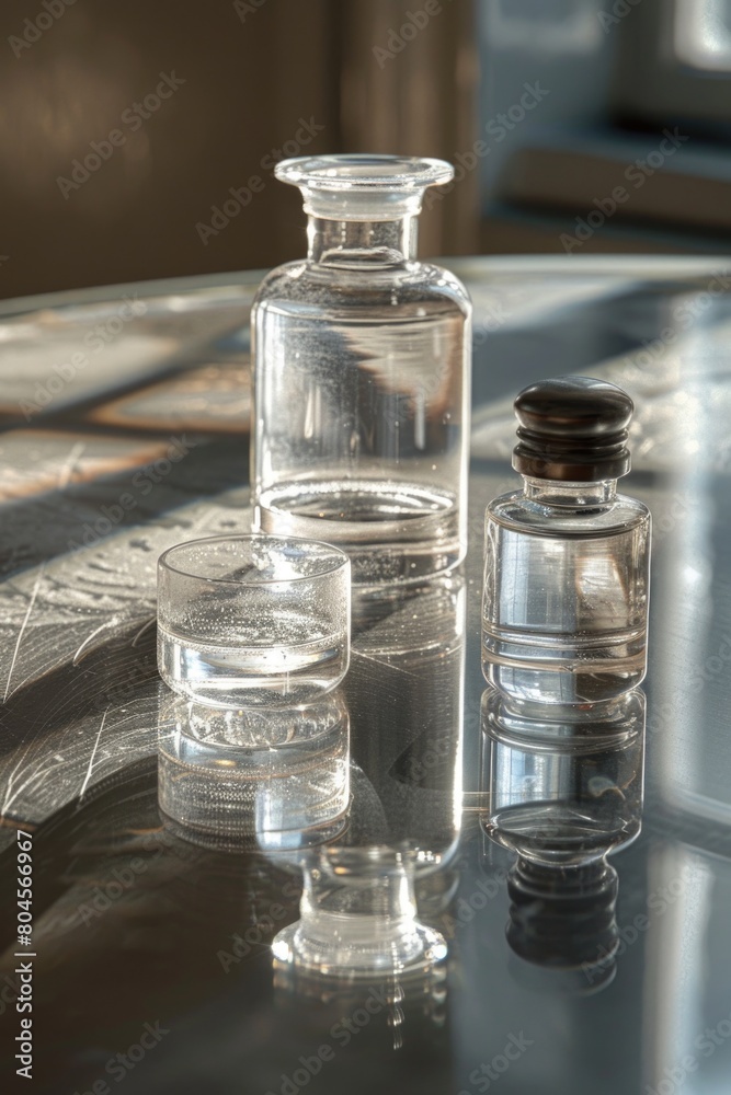 A glass jar filled with water on a wooden table. Suitable for various concepts and designs A glass jar filled with water on a wooden table. Suitable for various concepts and designs