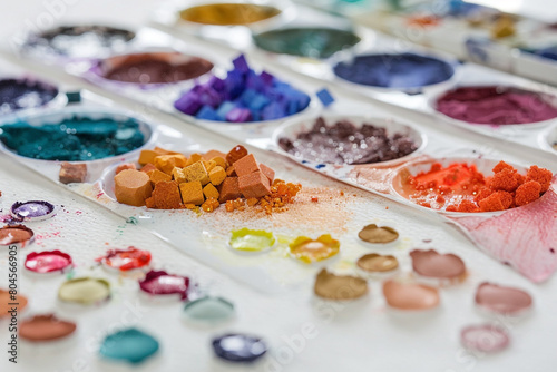 An array of artist grade watercolor granules, each for adding texture to paintings, displayed on a white canvas.