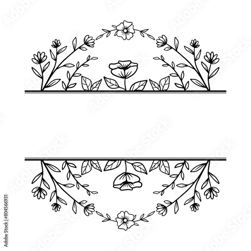 Split floral monogram with hand drawn flowers and leaves