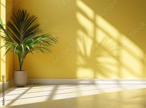 3d rendering of yellow wall with window shadow and palm leaf on it