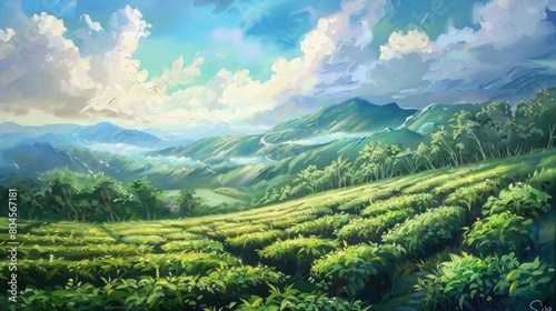 beautiful green tea garden nature sky painting