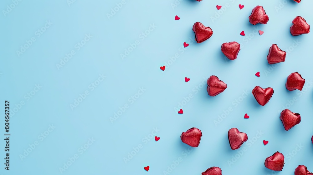 Capture the essence of Valentine s Day with a charming background featuring red hearts on a lovely blue backdrop beautifully arranged in a flat lay view from the top Capture the essence of Valentine s Day with a charming background featuring red hearts on a lovely blue backdrop beautifully arranged in a flat lay view from the top