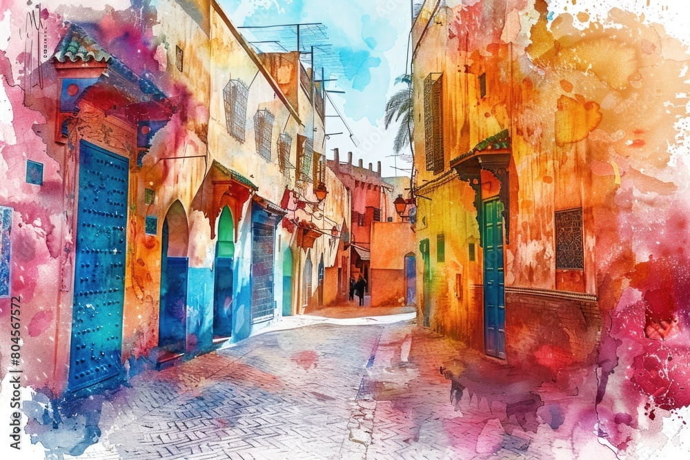 Fototapeta premium Vibrant watercolor painting of a street with colorful buildings. Ideal for travel brochures or city guides