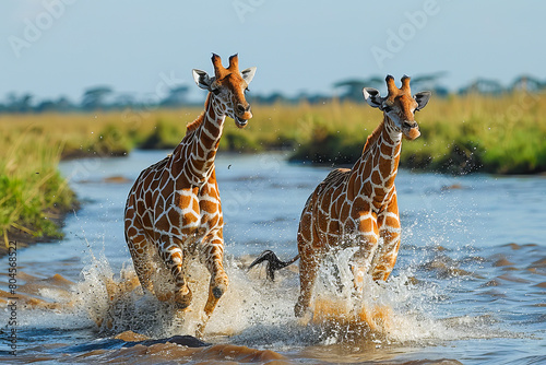 Joyful giraffes running in water