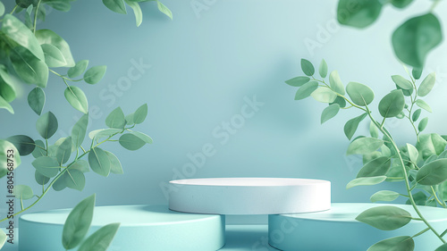 white and green empty podium showcase for product decorated with green leaf as frame ,advertising background © OHishi_Foto