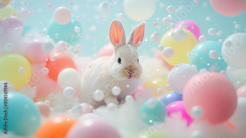 Easter Bunny Surrounded by Colorful Eggs in a Cheerful Holiday Scene © OHishi_Foto