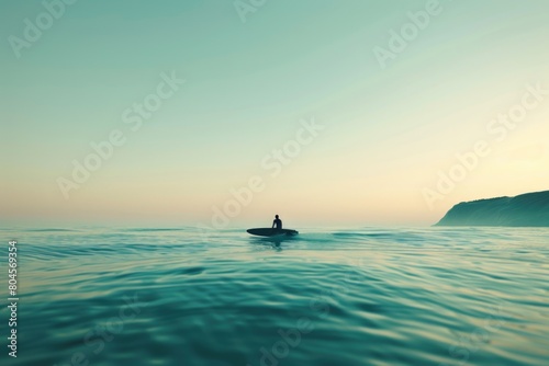 A person on a surfboard in the middle of the ocean. Suitable for travel and sports concepts