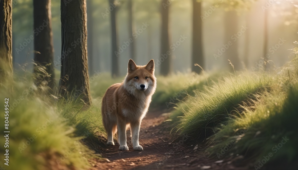 A dog standing on a dirt path in a forest, with trees and sunlight in the background. A dog standing on a dirt path in a forest, with trees and sunlight in the background.