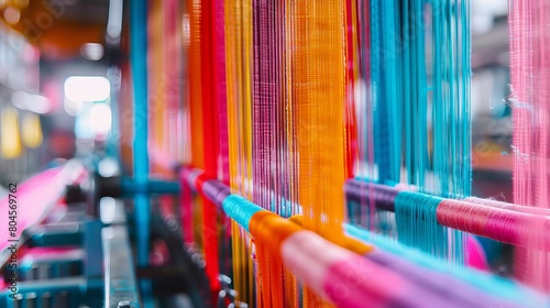 Background texture featuring multicolored straight strands, reminiscent of sewing equipment or loom machinery in a garment factory.
