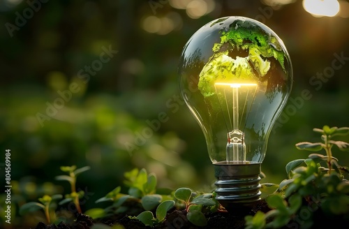 light bulb with the Earth world map inside, placed on soil, ecofriendly, sustainable technology, environmental protection, and global environment awareness concept