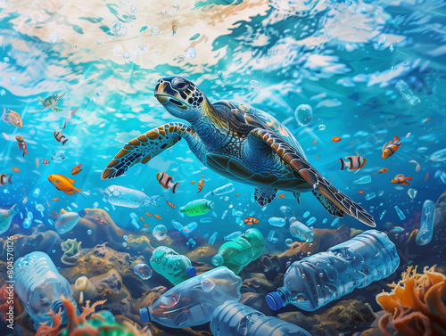 A sea turtle swims among colorful fish in a vibrant underwater scene cluttered with plastic pollution.