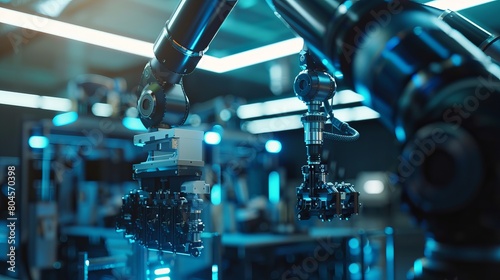 Close-up illustration showing robot arms in action at an engineering facility, representing the use of high-tech industrial technology and machine learning.