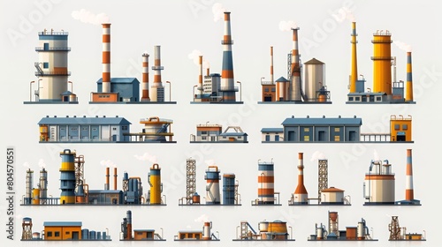 Zavodskaya promyshlennost', manufaktura, ikonki, vidy zavodov, ploskiye ikonki nabor izolirovannykh, Gorodskoy zavod, zavod peyzazh vektornaya illyustratsiya. industriya, promyshlennost', rasteniye, v photo