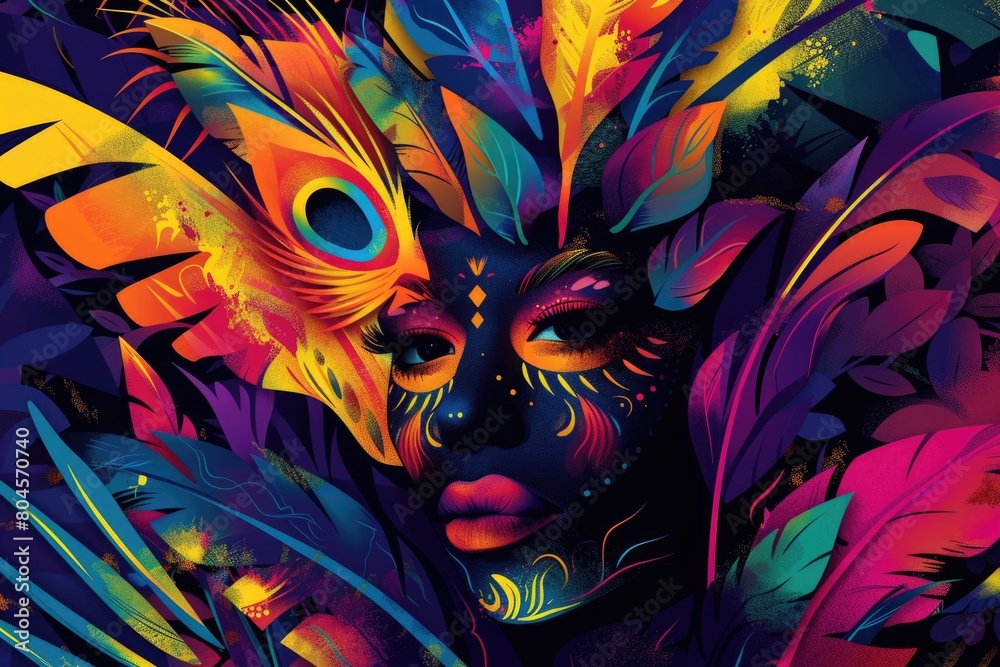 Close-up portrait of a woman with vibrant feathers on her face. Suitable for beauty and fashion concepts Close-up portrait of a woman with vibrant feathers on her face. Suitable for beauty and fashion concepts
