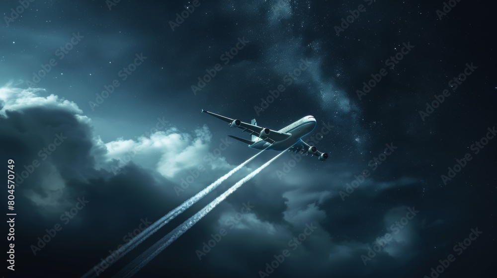 A plane is flying, leaving a white trail behind it, high in the sky. A plane is flying, leaving a white trail behind it, high in the sky.
