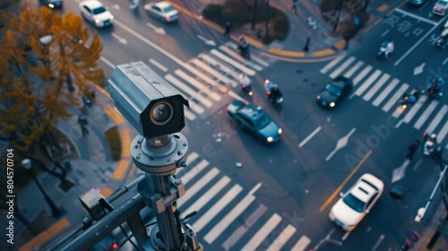 A CCTV camera overlooking a busy intersection, aiding in traffic monitoring and law enforcement.