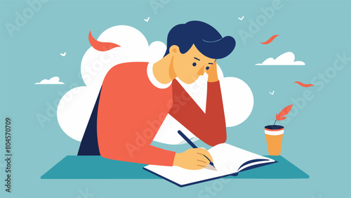 A man with dysgraphia meticulously writes out his philosophical thoughts in a notebook determined to express himself in writing despite the challenges. Vector illustration