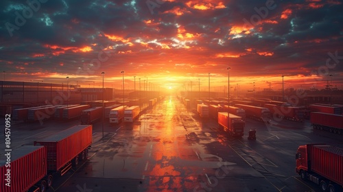 Logistics park with warehouse, loading center and many semi-trailers with cargo trailers standing at ramps for loading/unloading goods at sunset. photo