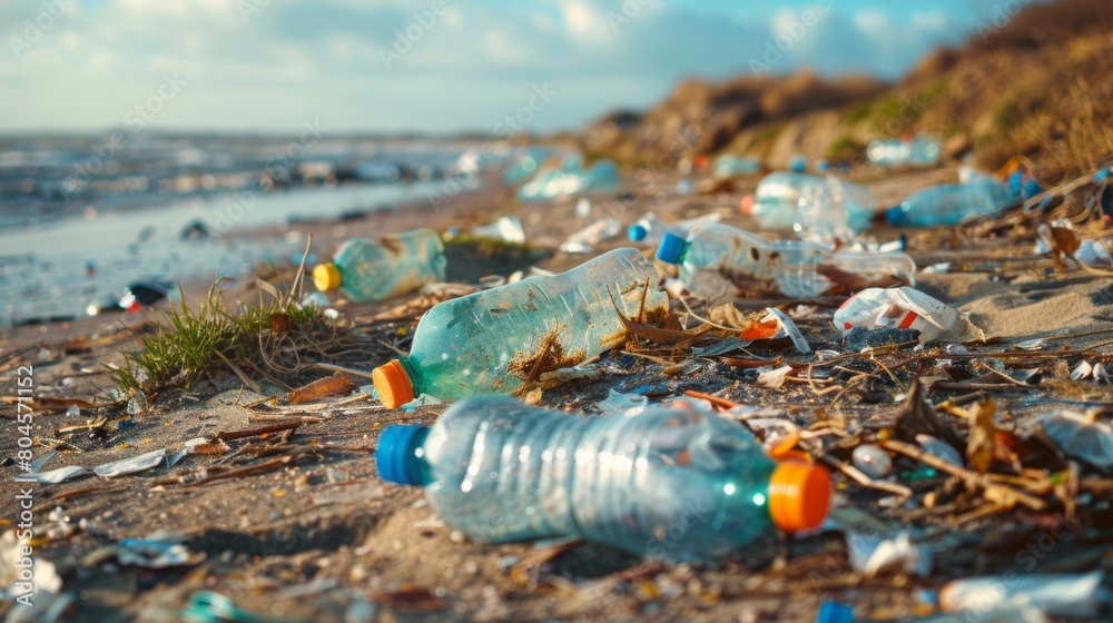 Plastic bottles scattered along the shore. Plastic bottles scattered along the shore.