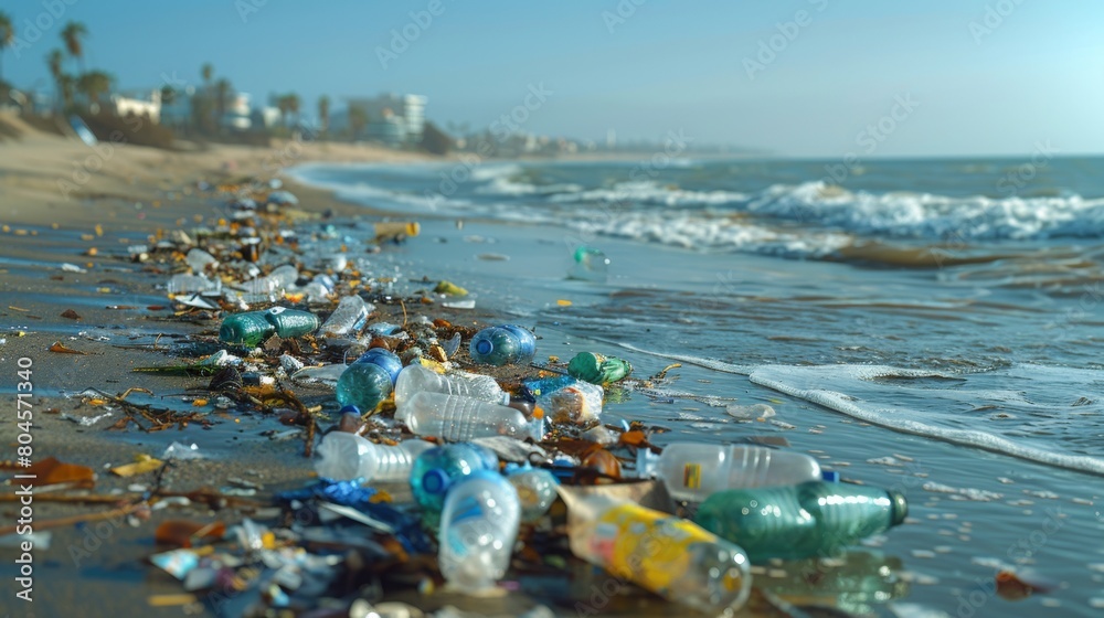 Plastic bottles scattered along the shore.