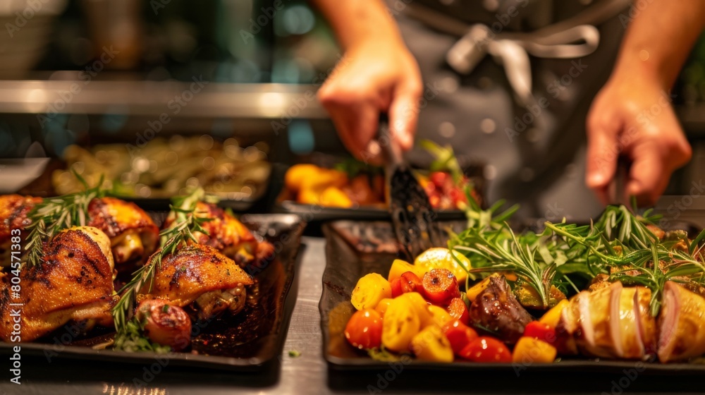 A chef plating grilled chicken thighs with a colorful array of roasted vegetables, culinary artistry at its finest.