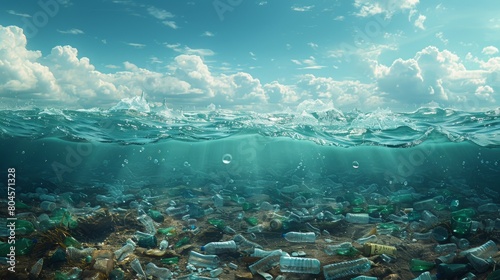 Plastic bottles in sea water  environmental pollution.