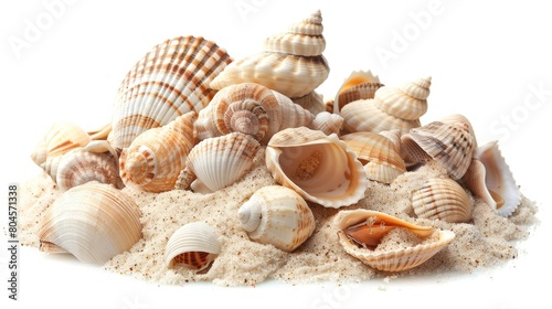 Seashells in a Pile on White Sand Generative AI