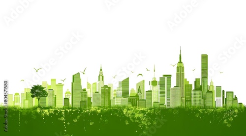 Eco friendly green city skyline on white background  environmental protection  sustainability  ecology and environment day concept