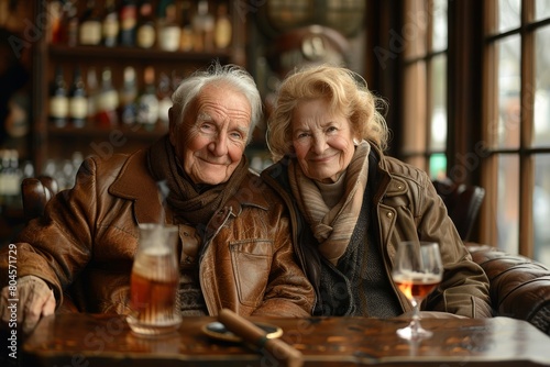 A senior couple exudes warmth and contentment as they share a cozy moment over drinks in a classic bar setting